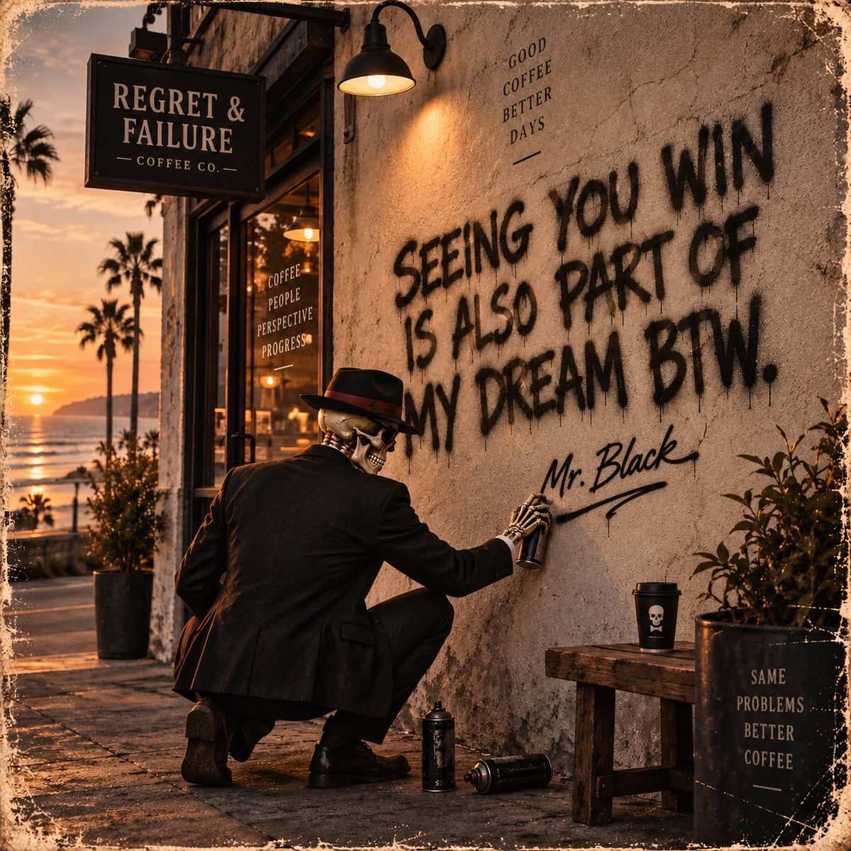 Mr. Black writes ‘Seeing you win is also part of my dream’ outside Regret & Failure Coffee Co.