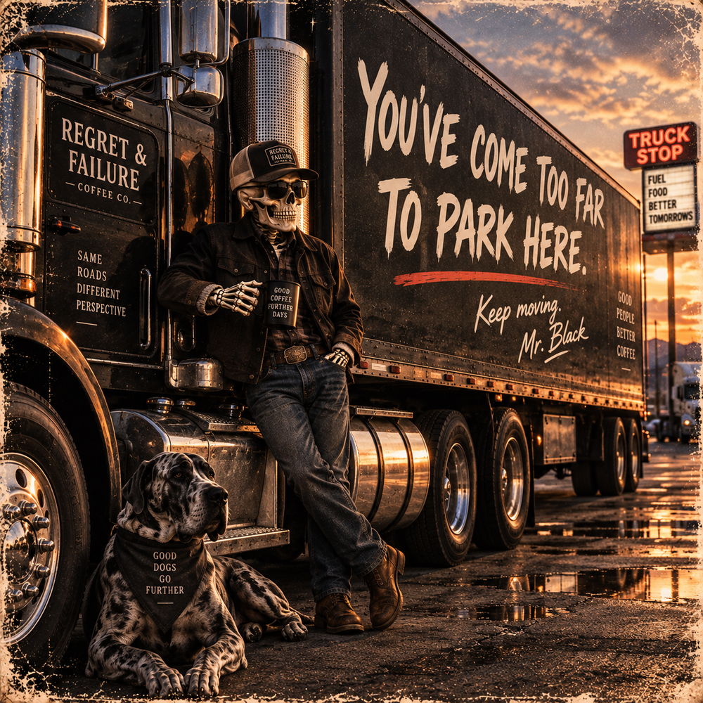 Mr. Black and his dog beside a truck at sunset. You've come too far to park here.