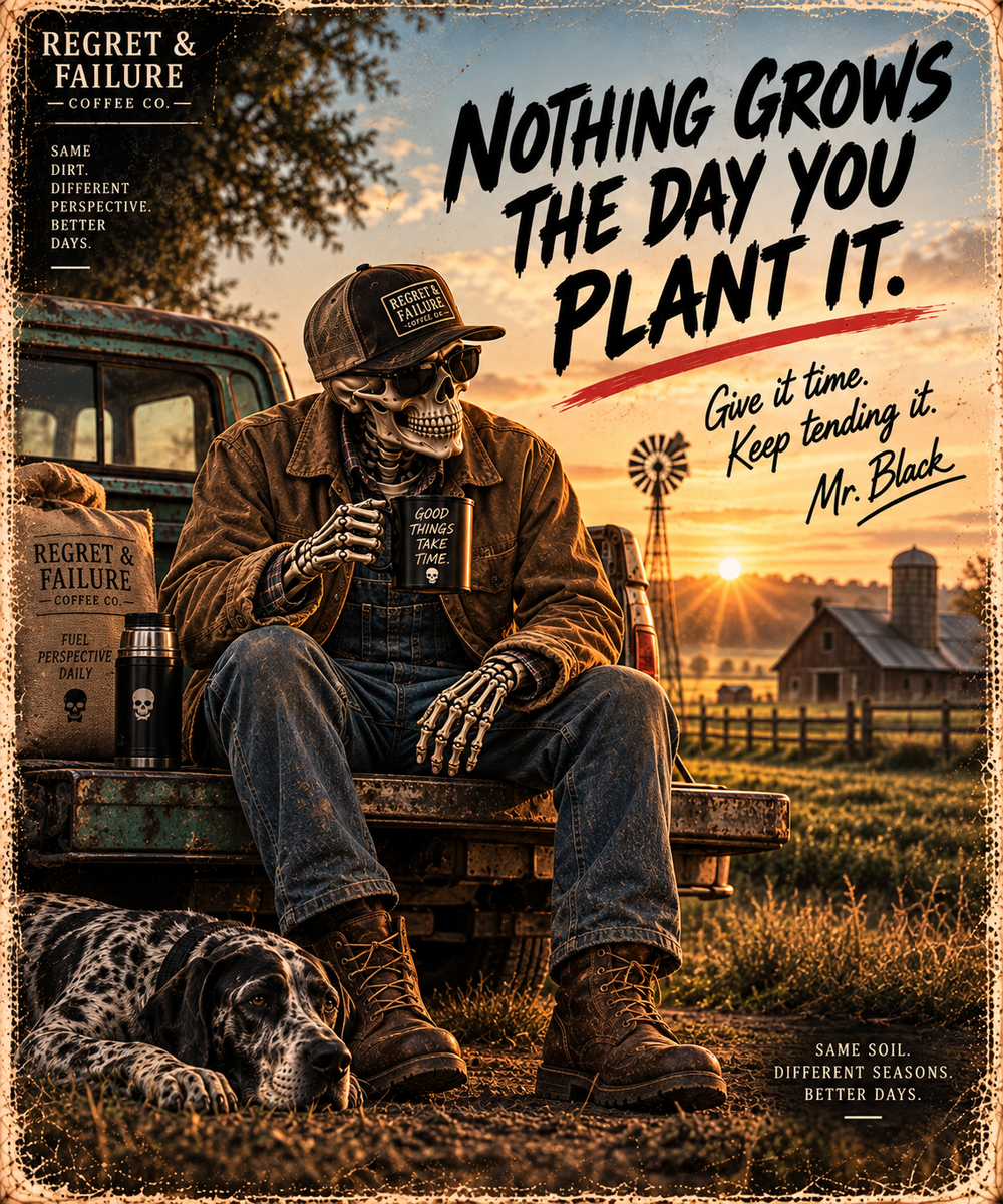 Mr. Black with coffee on a farm truck. Nothing grows the day you plant it.